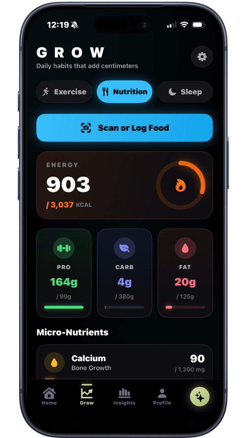 Hite nutrition screen with daily calories, macros and food logging