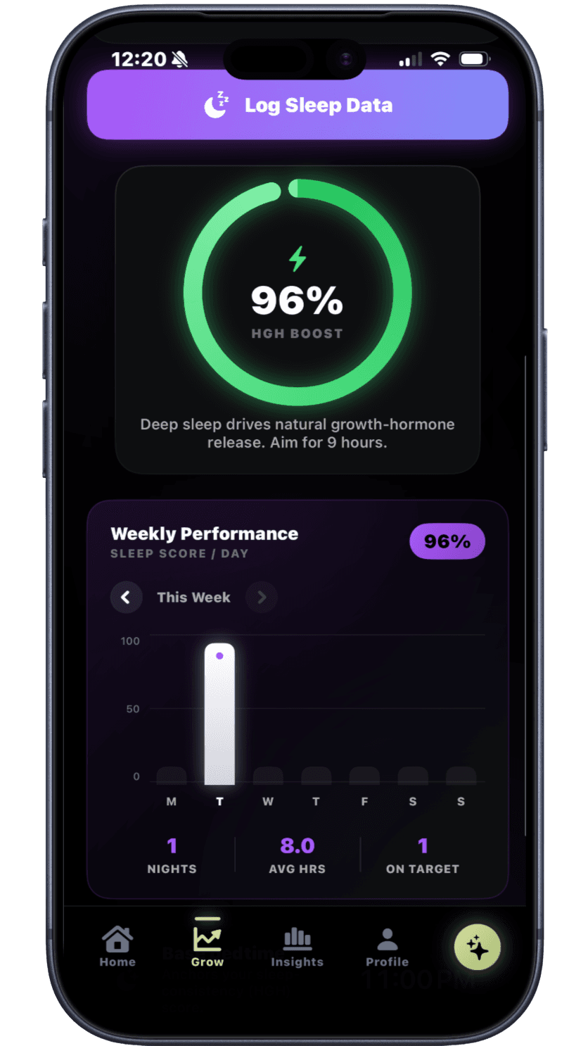 Hite sleep tracking with logged hours and a weekly sleep chart