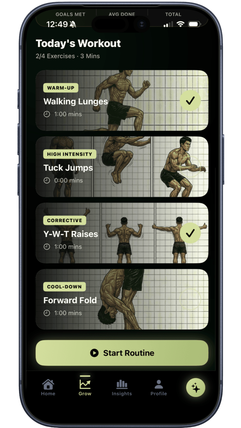 Hite daily exercise screen with workout completion and instructions